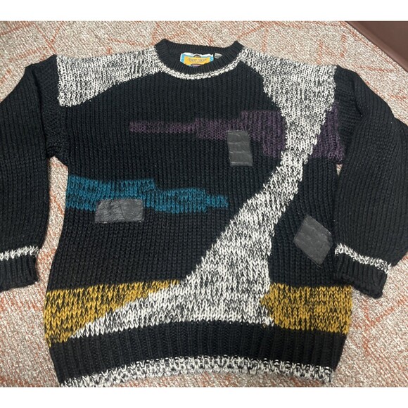 CODE ZERO Men’s Acrylic Geometric 1980’s Sweater Leather Patches Size Large - Picture 2 of 13